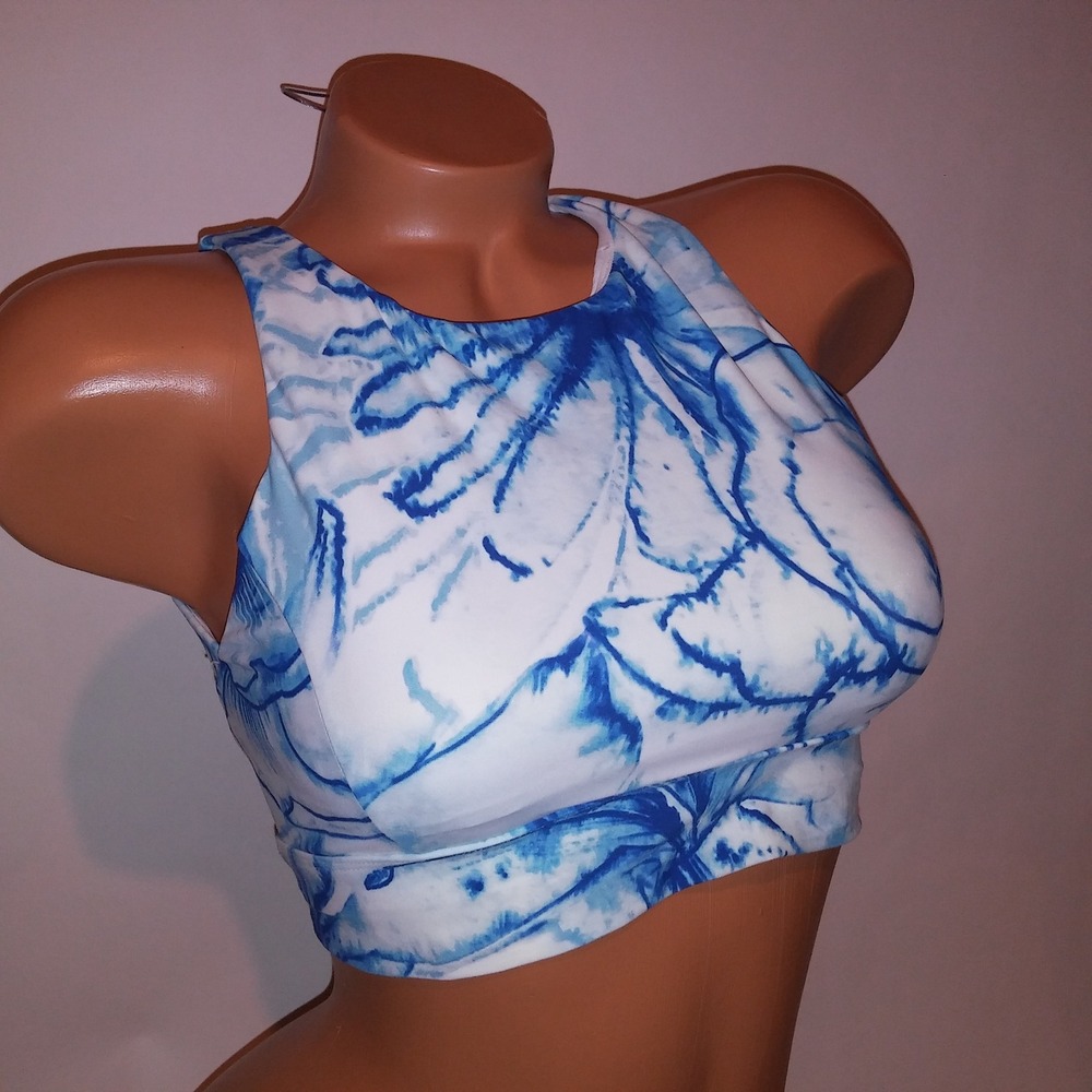 Calia Swim Top Medium Crop Sporty Blue White Lightly Lined High Neck Wireless